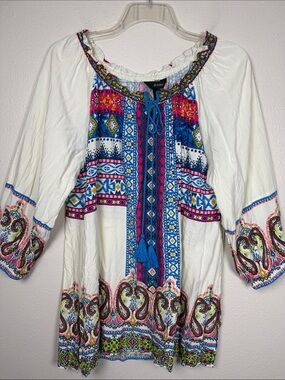 Ali Miles Boho Paisley Print Rayon Tunic Top XL Tassel Tie Peasant Neck Flaw